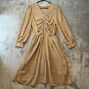 Floral Midi Dress Yellow Ruched Front Pleated Skirt Cottagecore Indie Feminine M